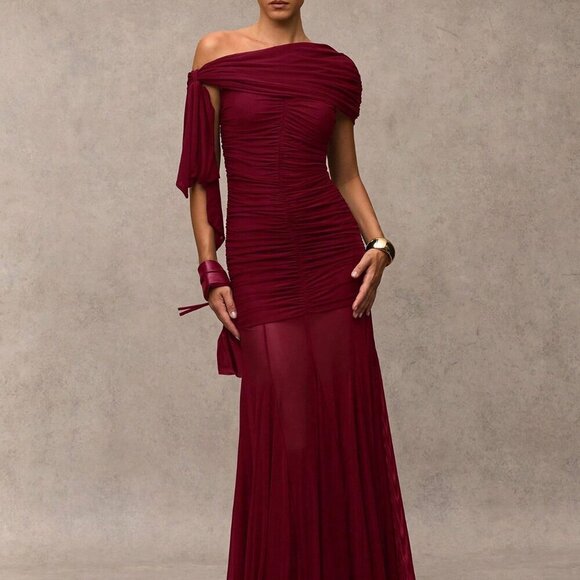 Burgundy Elegant Women's Casual Minimalist Tie Strap Dress - Picture 4 of 8